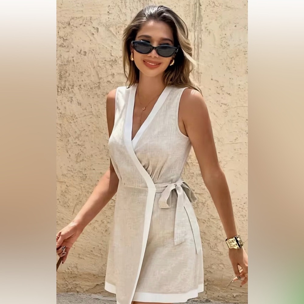 Neutral Linen-Blend Wrap Dress with Side Tie